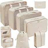 8 Set Packing Cubes for Travel, Multi-Size Suitcase Organizer, Beige | Breathable multi-compartment luggage organizer, travel essentials for carry-on, airplane, road trip and camping