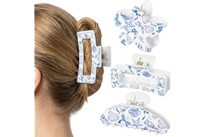 PANTIDE 3Pcs Blue Bow Starfish Seashell Hair Claw Clips for Women Girls - Ocean Coastal Rectangle Flower Banana Nonslip Acryl