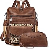 GAEKEAO Backpack Purse for Women Fashion Leather Designer Travel Backpack Purses Convertible Shoulder Bag with Wristlet (Brown With Leopard)