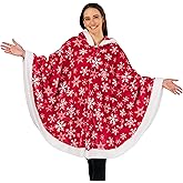 PAVILIA Wearable Blanket for Adult Women, Cozy Plush Fleece Blanket Poncho Cape with Hood, Super Soft Shawl, Angel Wrap Throw for Office, Snowflake Red