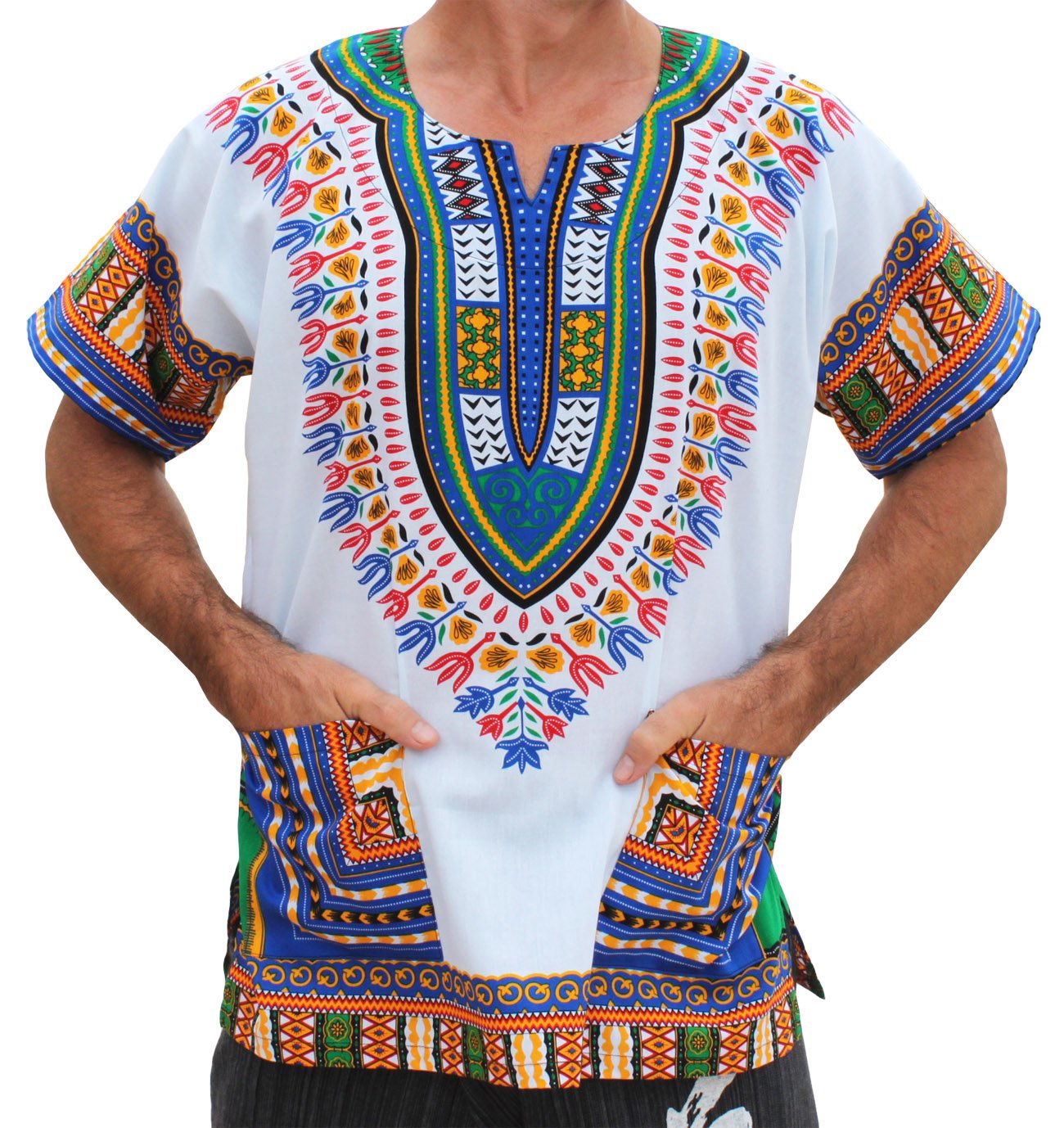 Photo 1 of RaanPahMuang Brand Unisex Bright African White Dashiki Cotton Shirt Aqua Blue XXL