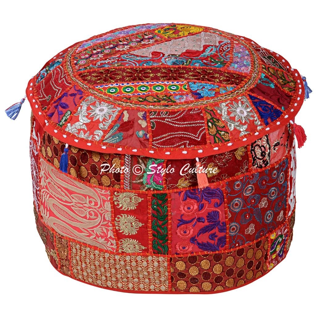 Stylo Culture Cotton Vintage Patchwork Embroidered Embellished Round Pouffe Footstool Cover Ottoman Stool Pouf Cover Red Floral Foot Stool Floor Cushion Cover Ethnic Decor (16x16x13) (COVER ONLY)