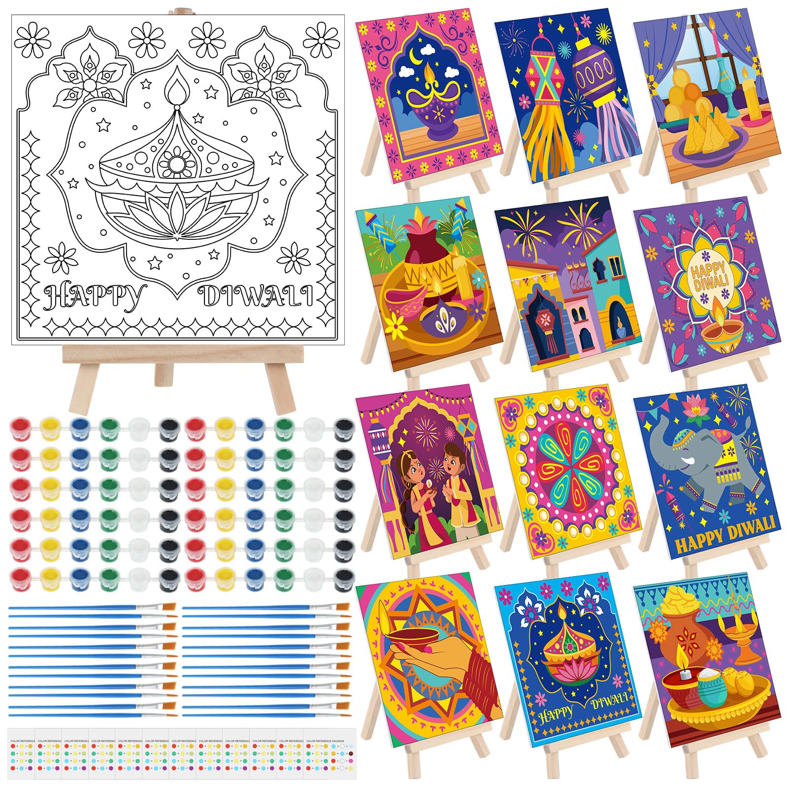 Photo 1 of * missing one set *Tenceur 12 Sets Pre Drawn Canvas to Paint Kid Adult Stretched Coloring Painting Canvas Panels with Design Easel and Brushes for Party Supplies Beginner Favor (Diwali)
