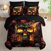 AILONEN 7-Piece Fire Skull Comforter Sets Queen Size,3D Skeleton Bedding Set for Kids Boys Teens,Fiery Style Black Tint Comforter & Fitted Sheet with Flat Sheet & 2 Pillowcases,2 Pillow Shams