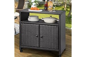 STRPRETTY BASIC Outdoor Wicker Storage Cabinet - Patio Bar Table Outdoor Buffet Cabinet with 2 Doors, Shelf and Wheels, All-Weather Rolling Bar Cart for Garden, Pool, Kitchen, Black Brown