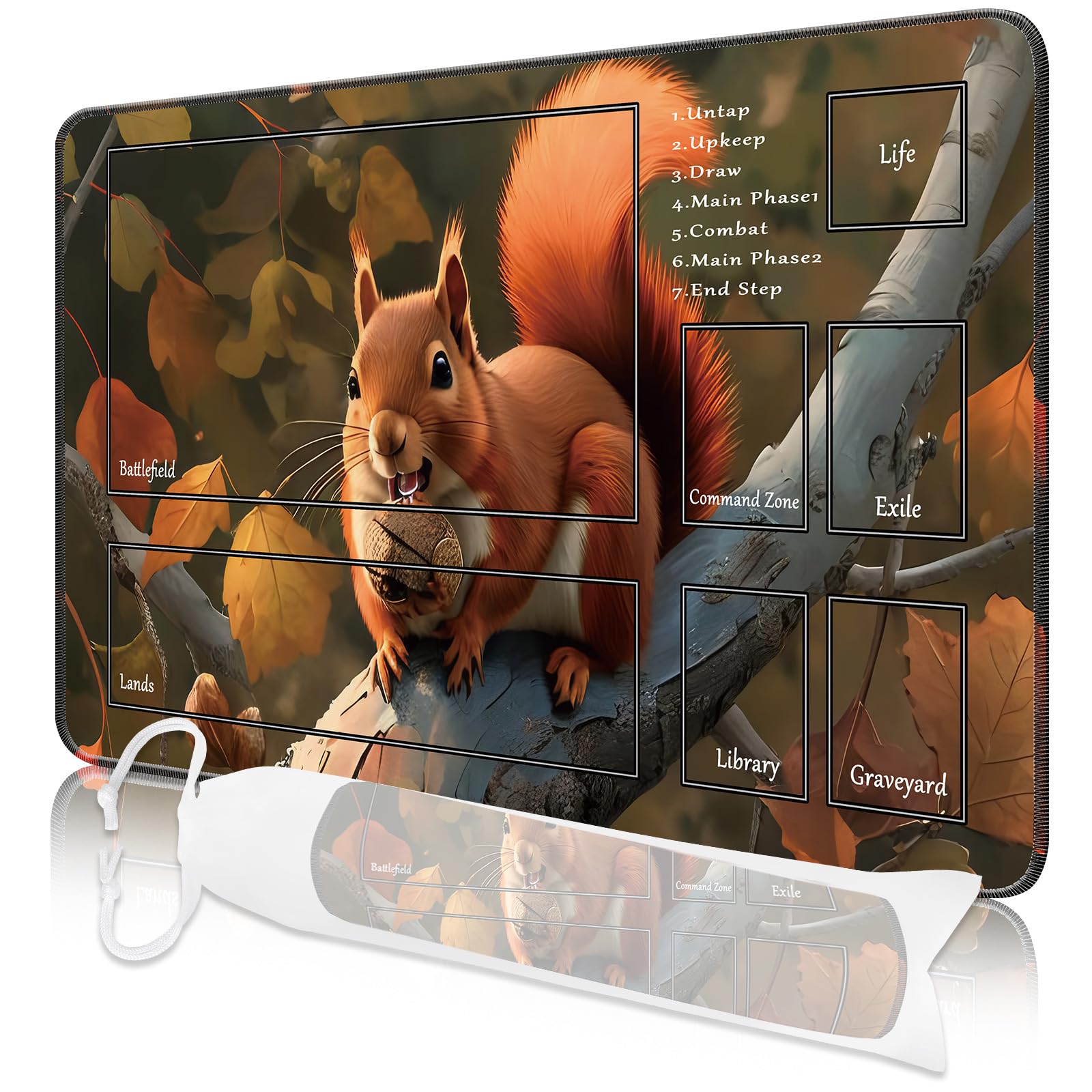 Nkddert MTG Spielmatte, 24x14in TCG Karte Spielmatte genähte Kanten MTG Commander Spielmatte 3mm dickes wasserdichtes MTG Spielmatte mit Zonen mit Aufbewahrungstasche（Eichhörnchen Motive）