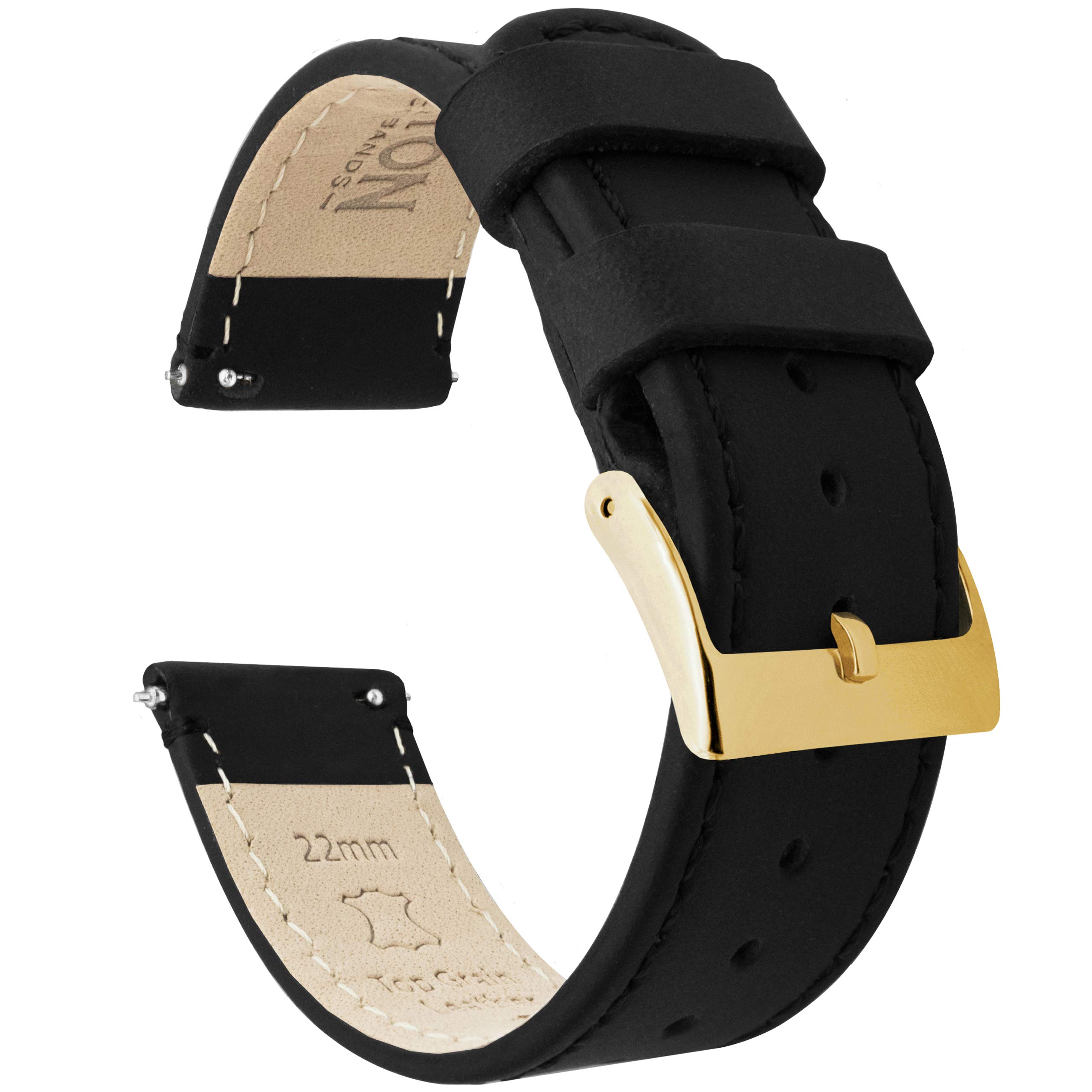 BARTON WATCH BANDS 22mm Black Quick Release Leather Gold Buckle Watch Band Strap
