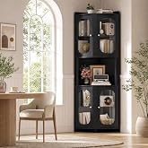 69" Tall Corner Storage Cabinet, 5-Tier Corner Hutch with Glass Doors,Black | Modern Glass-Door Cabinets with Open Hutch, Rounded Edges &amp; Curved Design, Perfect for Displaying D&eacute;cor, Books &amp; Collectibles