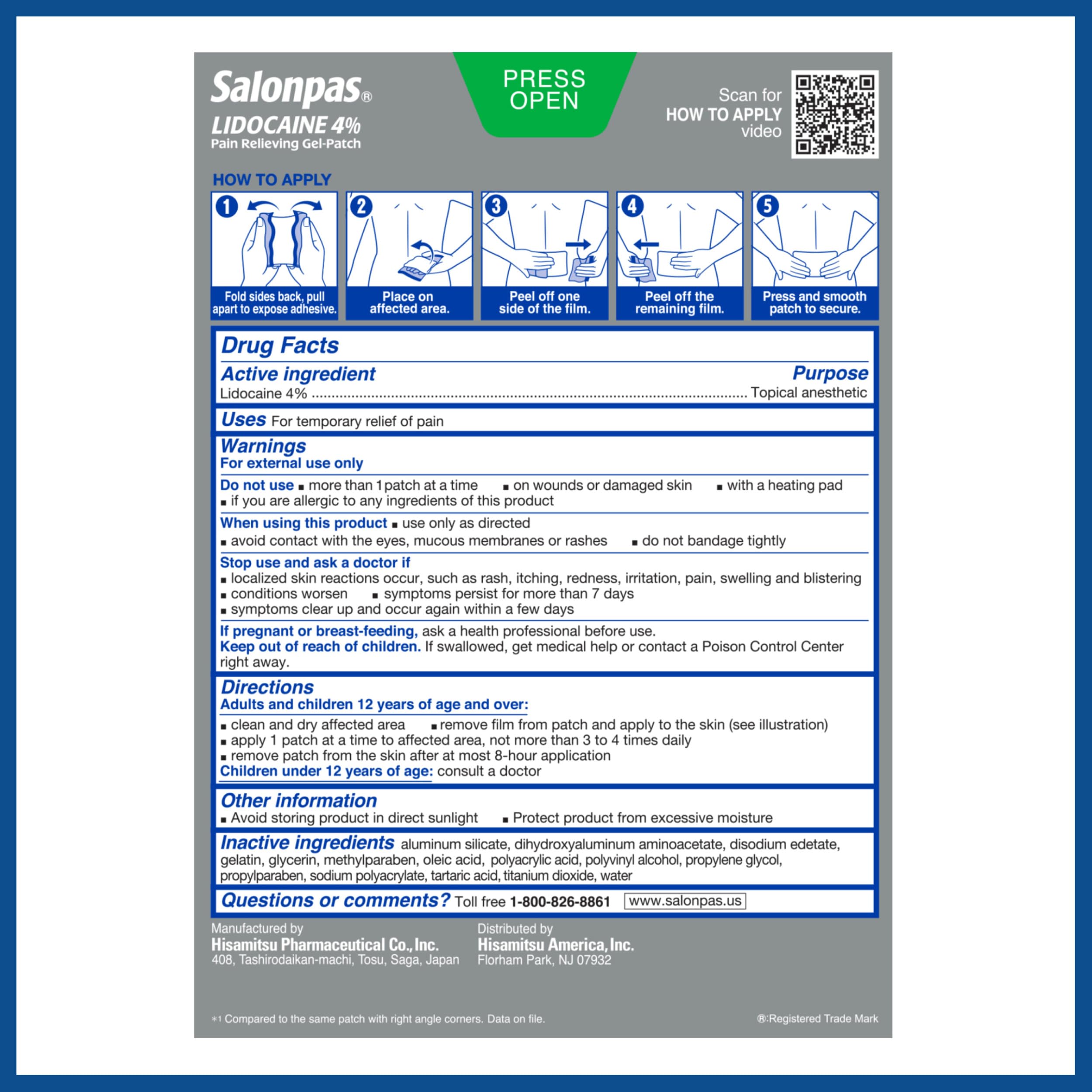 Salonpas Lidocaine 4% Pain Relieving Gel-Patch, 6 Count, for Back, Neck, Shoulder, Knee & Elbow Pain