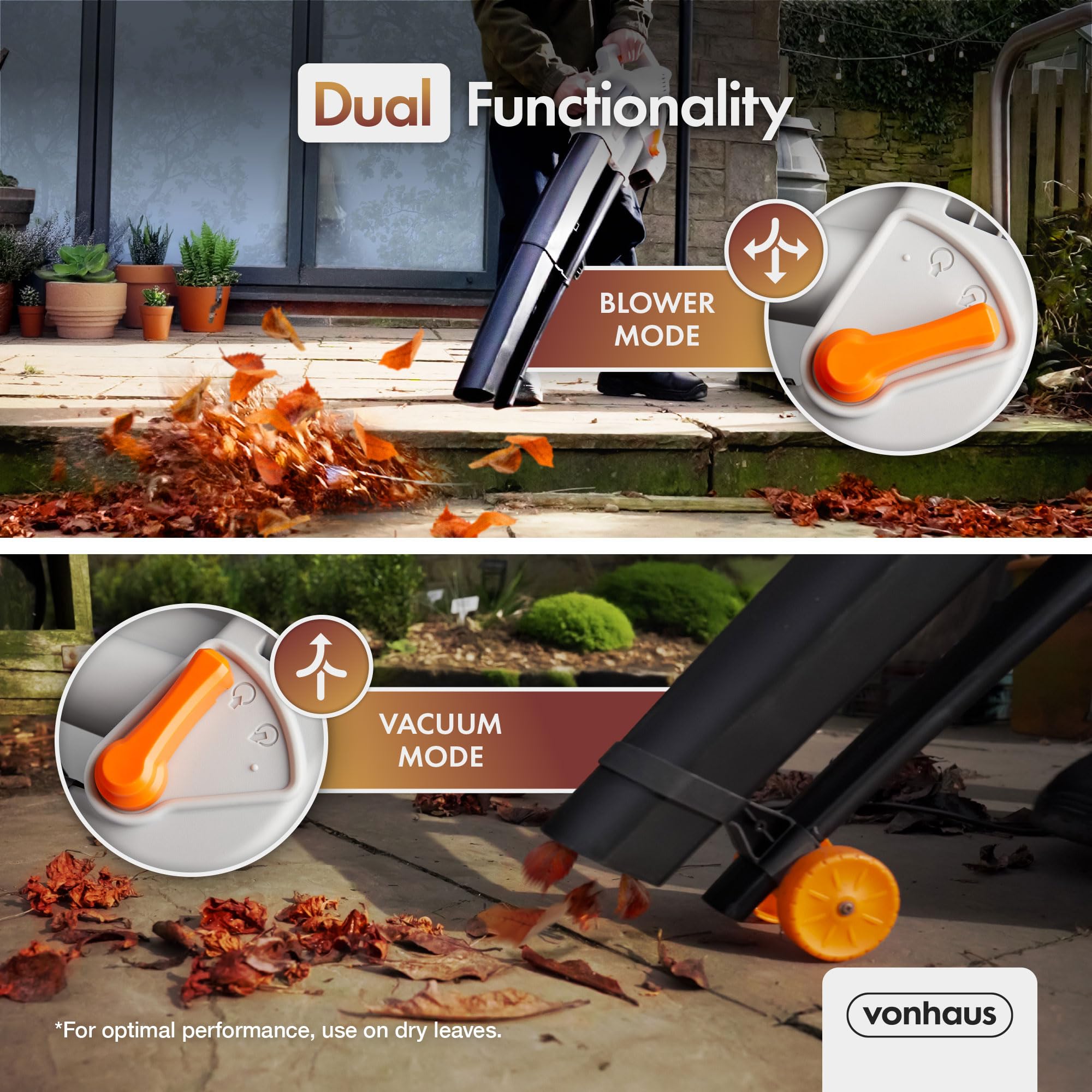 VonHaus Leaf Blower and Vacuum 3000W – Corded Leaves Collector, Clear Gardens, Patios, Gutters, Driveways & More – Lightweight, 10m Cable, Shoulder Strap, Wheels, 35L Collection Bag – 3 Year Warranty
