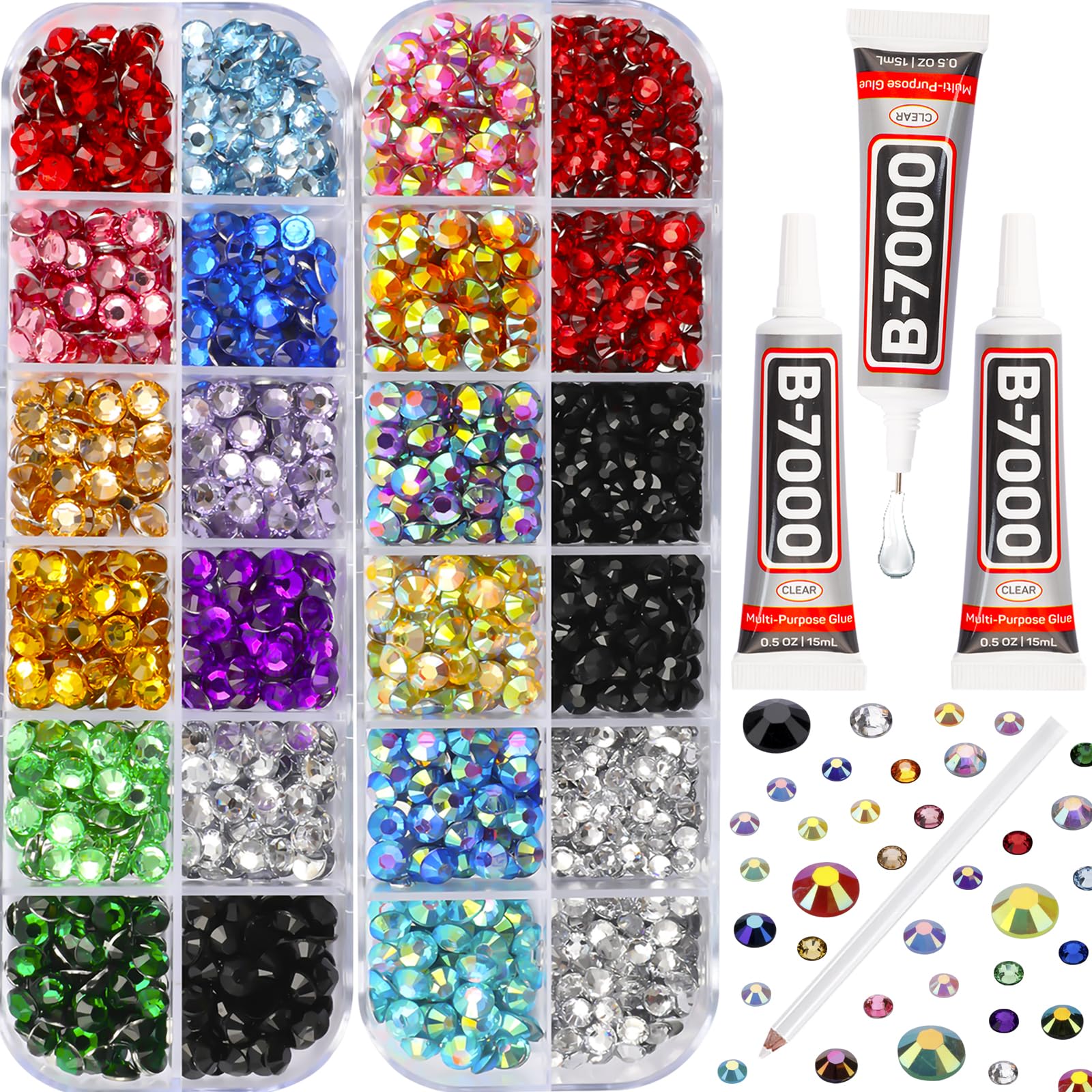 Photo 1 of b7000 Glue with 11000Pcs Multicolored Rhinestones Flatback for Crafts Clothes Fabric Crafting Tumblers, Bedazzler Kit with Multi Colorful Gems Rainbow Flat Back Crystal 2,3,5mm Assorted Colored