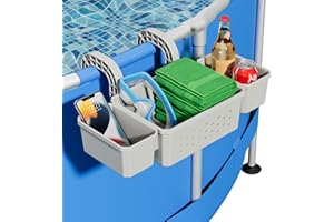Kompoll Poolside Storage with 2 Pool Cup Holder, Thickened Plastic Pool Basket for Above Ground Pool Accessories, Multifunctional Poolside Holder Fits for Most Frame Pools (1 Pack)