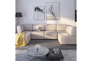 PUREMIND 149 Inches U-Shaped Modular Sectional Sofa Couch with Reversible Ottoman, Convertible 6-Seats Sofa Bed, Linen Sectional Couches for Living Room（Beige）