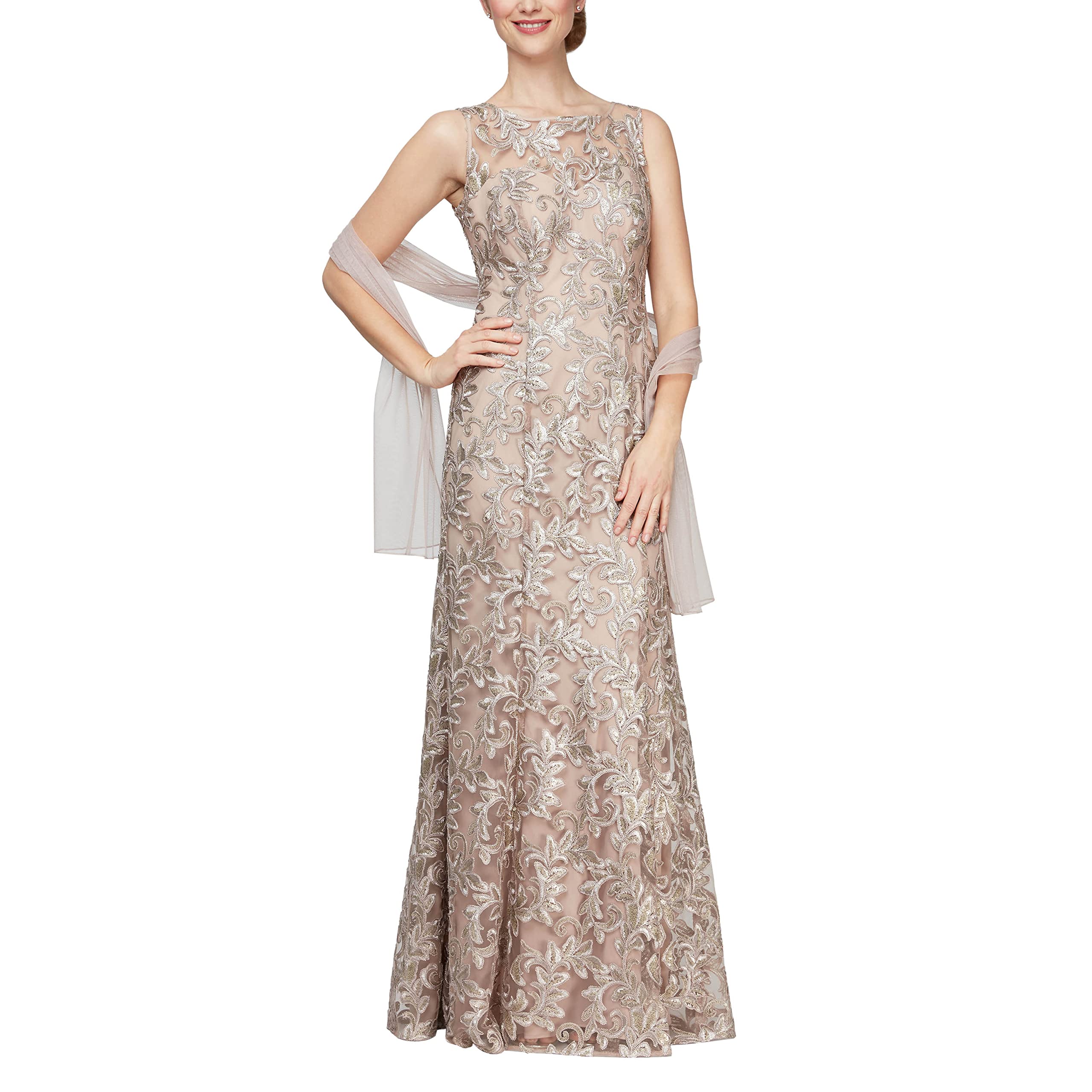 Alex Evenings Women’s Long Sleeveless Mother of The Bride Dress with Shawl Regular Sizes, Champagne, 6 Petite