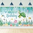 Preboun Ocean Animal Backdrop Ocean Turtle Decorations Ocean Theme Birthday Party Photography Background Banner for Underwater Blue Baby Shower Birthday Party Decorations Supplies, 3.6 x 6 Feet