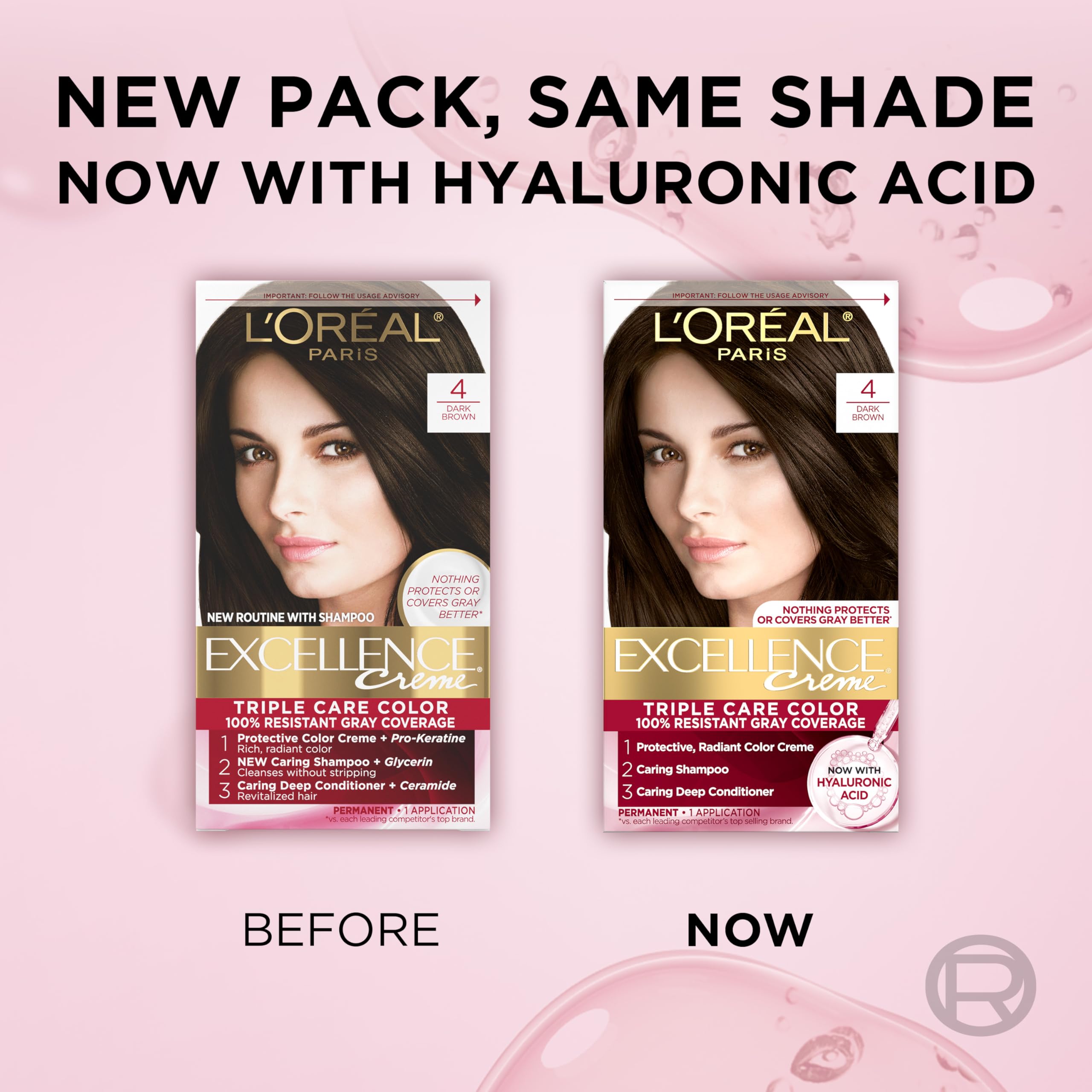 L'Oreal Paris Excellence Crème Permanent Hair Dye, Triple Care Hair Color with Pro-Keratine Complex for 100% Gray Hair Coverage, 4 Dark Brown, 1 Kit