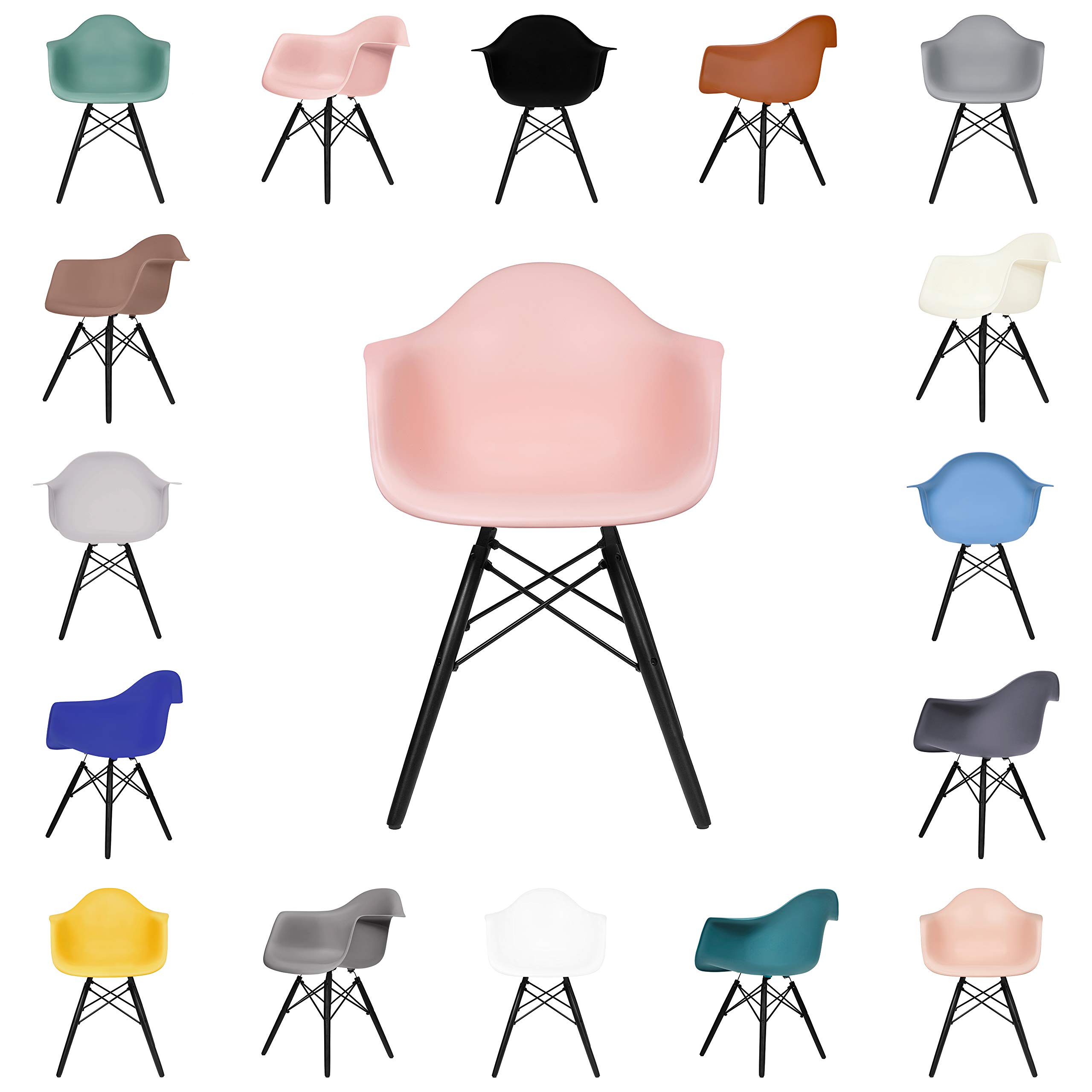 OCHS Plastic Dining Side Armchair - Wood Retro Legs for Office Lounge Dining Kitchen Bedroom Tub Chair (Baby Pink Seat & Black Legs x 1)