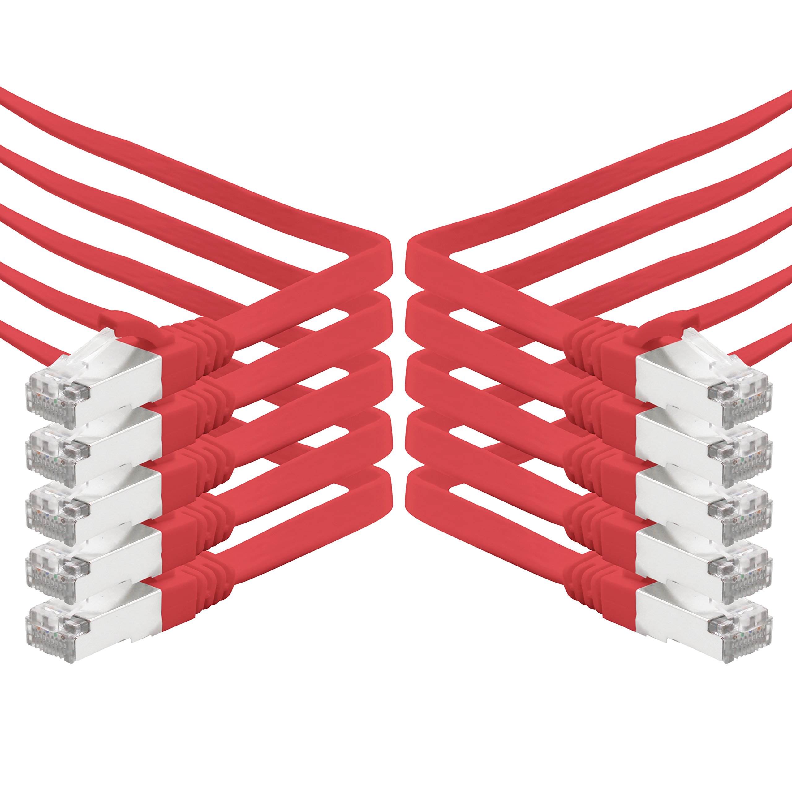1aTTack.de 5m - red - 10 pieces CAT.7 Gigabit Ethernet LAN ribbon ribbon cable (RJ45) network cable raw cable (10Gbit/s) installation cable flat slim compatible with Cat.5 - Cat.5e - Cat.6