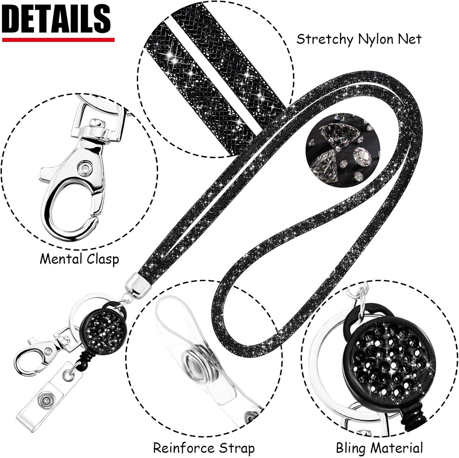 Frienda Crystal Lanyard Necklace with Transparent ID Card Holder Keyring, Black - Image 4