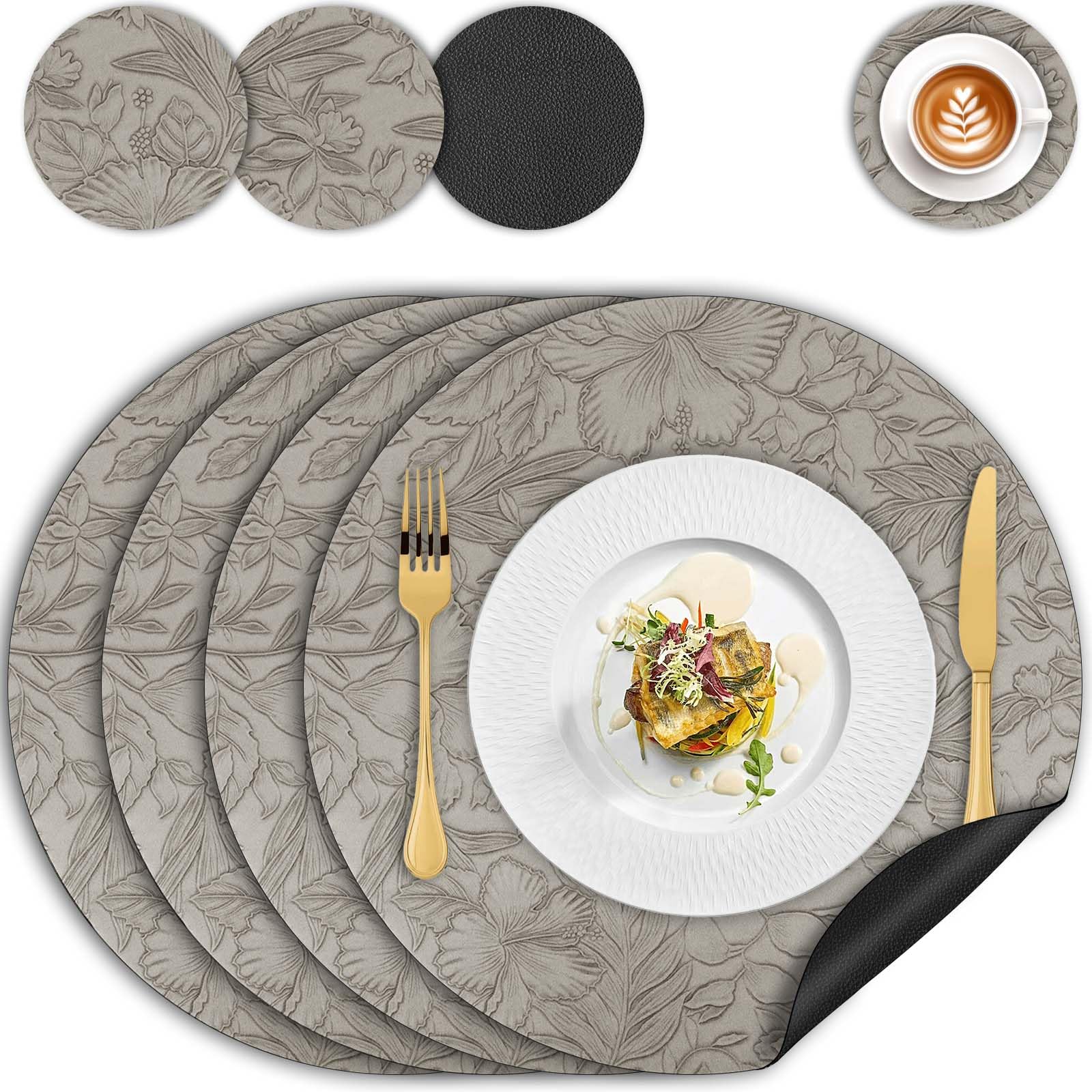 Placemats and Coaster Sets 4, Round Leather Floral Dining Table Mats (34cm) Heat Resistant Waterproof Dual Sided Kitchen Place Mats Non-Slip Washable Coffee Mats for Home Restaurant Hotel (Grey Black) — image 1
