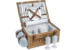 HAPPYPICNIC Picnic Basket Set for 2 Persons, Willow Hamper with Large Insulated Cooler Compartment, Waterproof Blanket and Cutlery Service Kit-Classical Brown