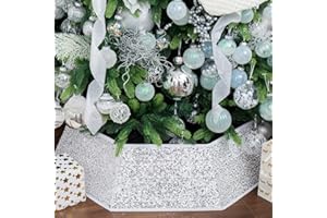 XmasExp Christmas Tree Collar, 33.5 inch Sequin Tree Skirt Stand Base Cover for Home Decor, Large Size 6 Piece, White