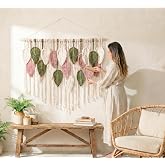 WOODSTICK Large Macrame Wall Hanging 39"W x 29.5"L - Boho Wall Decor in Beige, Old Pink &amp; Green - Chic Woven Leaf Leaves Boho Tapestry, Handmade Cotton Fiber Art, Macrame Wall D&eacute;cor, Bedroom Tapestry Macrame Wall Art
