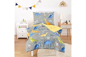 Wake In Cloud - Dinosaur Toddler Bedding Set for Boys, Dino Astronauts Rocket Space, 4 Pieces Soft Crib Bed Set Including Comforter, Sheets and Pillowcase, Gray