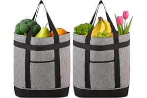 CIVJET 2PK Insulated Cooler Tote Bags, Waterproof Design, Soft Totes with Top Zipper and Sided Pockets for Grocery Shopping Travel Beach, Large Leak Proof Food Delivery Bag Frozen/Thermal Foods, Grey