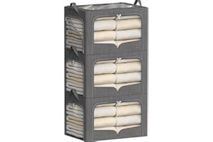 FHSQX 3 Pack Clothes Storage Bins with Metal Frame- Foldable Storage Organizer Bin for Clothes Linen Fabric Storage Box with Lid ＆Clear Window (Grey, 19.7x15.7x12.6inch)
