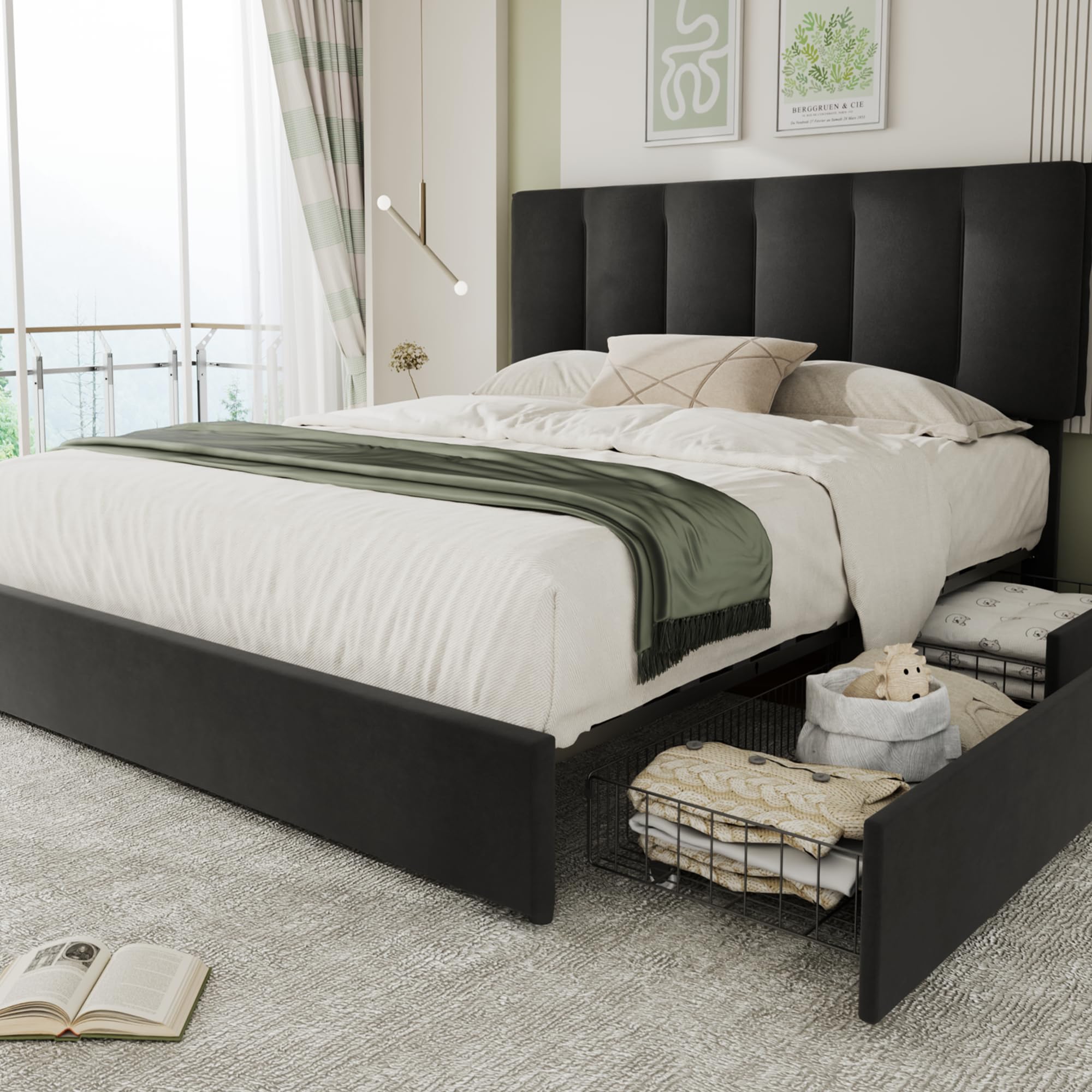 VECELO Queen Size Bed Frame with 4 Storage Drawers, Adjustable Height Headboard, Heavy-Duty Platform Bedframe with Strong Wooden Slats, No Box Spring Needed, Black Image