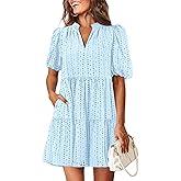 KIRUNDO Eyelet Summer Dresses for Women 2026 Mini Casual Hollow Out Short Sleeve Lace Tiered V Neck Shift Dress Pockets