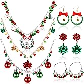 Kigeli 6 Pcs Women's Christmas Necklace Earrings Jewelry Set Metal Xmas Bow Necklace Jingle Bells Beaded Collar Crystal Teardrop Pendant Wreath Christmas Hoop for Women