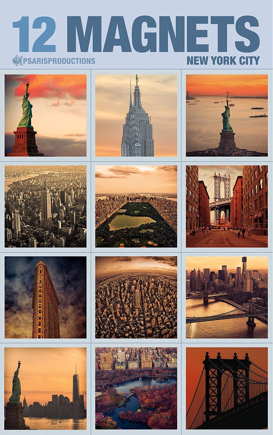 Set of 12 New York Refrigerator Magnets in Elegant Packaging Inside Crystal Clear Bag. Style 12S-3. Our Fridge Magnets are Made in USA.