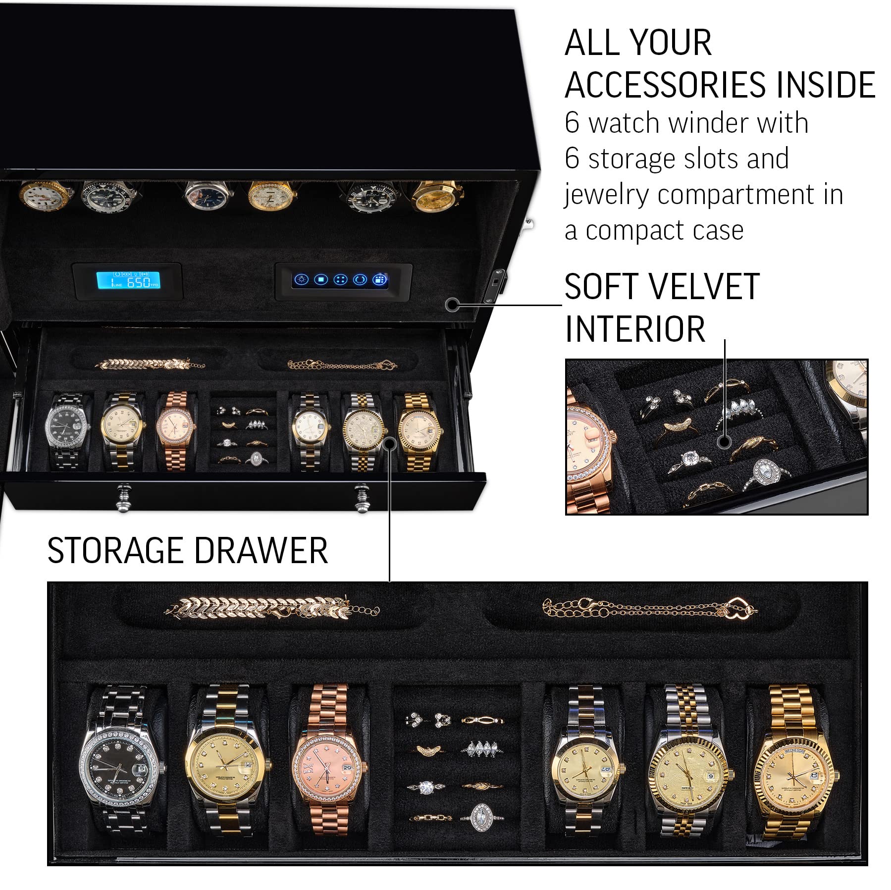 Automatic Watch Winder with 6 Storage Slots, LED Light and Automatic Motor-Stop Option
