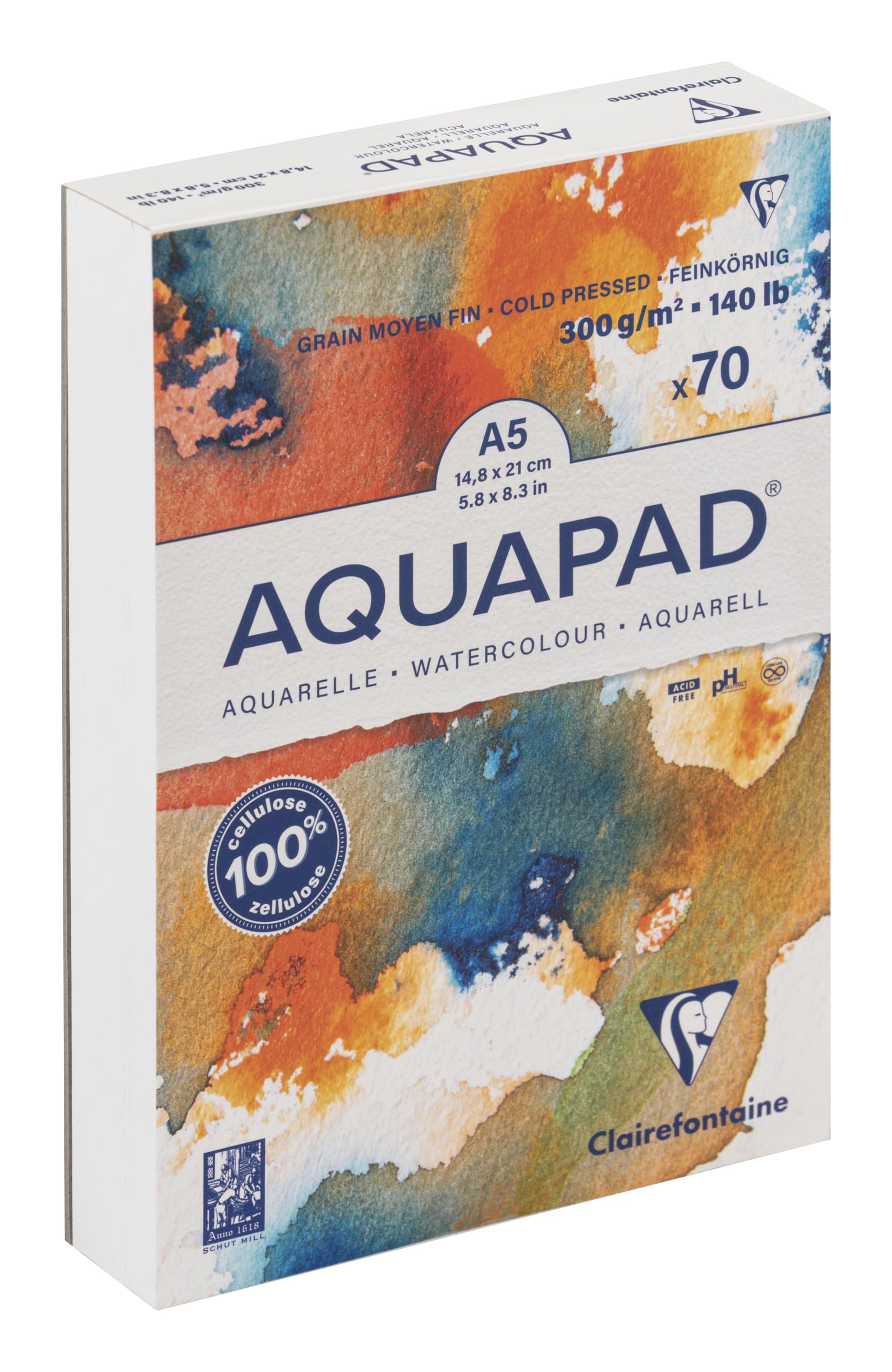 Clairefontaine 975720C Goldline Aquapad glued pad - 70 sheets of white watercolour paper, medium-fine grain, A5, 14.8x21 cm, 300g - Ideal for Watercolour