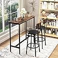 Bar Table and Chairs Set, Counter Height Dining Table & 2 PU Upholstered Stools with Backrest, Industrial 3 Piece Breakfast Bar Table for Kitchen, Living Room, Small Space