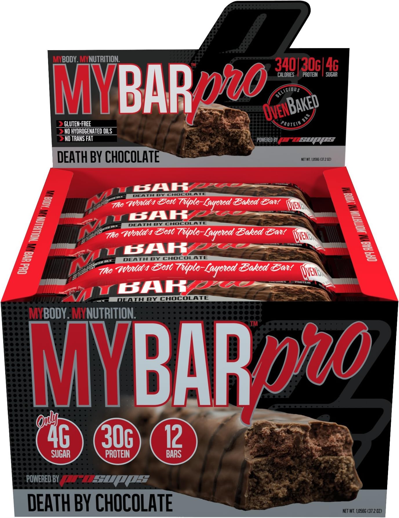 Pro Supps MyBar PRO Protein Bar, Delicious Triple Layered, Soft Oven-Baked, 30g Protein, 4g Sugar, 12 Count (Death by Chocolate Flavor)
