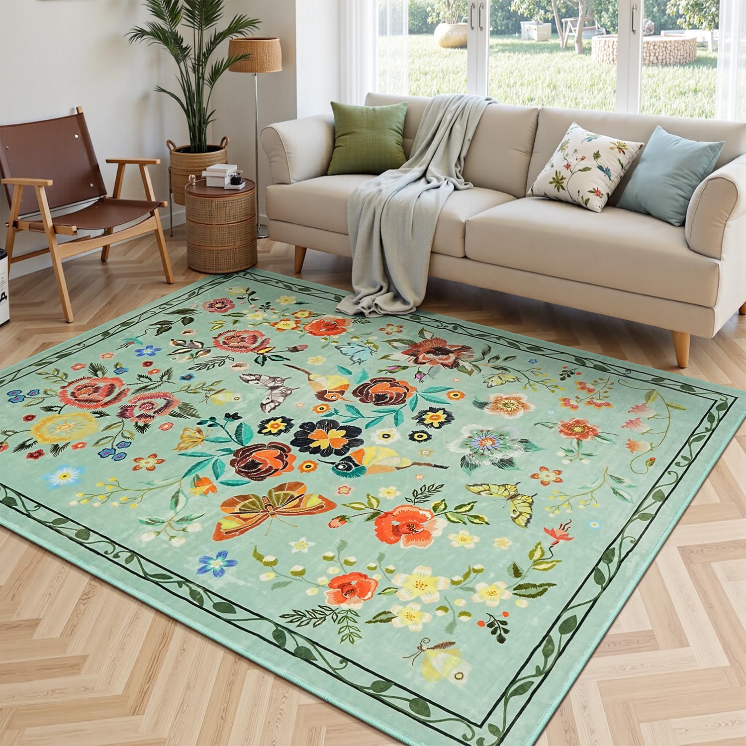 Rugflix 5x7 Washable Area Rug for Living Room, Soft Non Slip Low Pile Carpet, Floral Vintage Stain Resistant Rugs for Bedroom, Dining Room, Home Office, Green Image