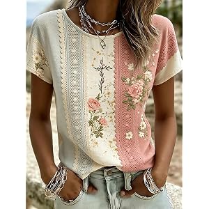 Women's Boho Floral Print Colorblock Lace Trim Round Neck Short Sleeve Shirt, Casual Blouse