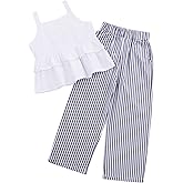 LIONJIE Girl's 2 Piece Striped Outfits Cami Top Wide Leg Pants Ruffle Hem Summer Clothes with 2 Pockets 3-14Y