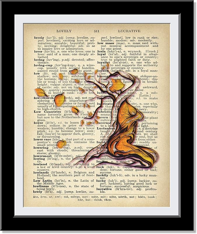 Fire Abstract Lovely Lady Dictionary Prints - Whimsical Female Tree Gift for House Warming Christmas Holidays - Home Decor Vintage Print Paintings - UnFramed…