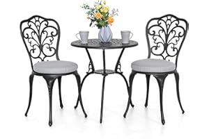 NUU GARDEN 3 Piece Outdoor Bistro Table Set, All Weather Cast Aluminum Patio Bistro Sets Patio Table and Chairs Set of 2 with Umbrella Hole for Yard, Garden, Balcony, Black