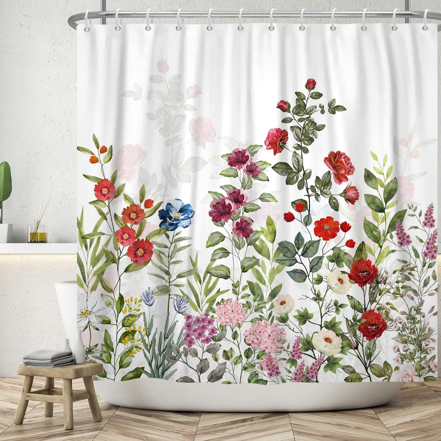 ASDCXZ Flower Shower Curtain 180x200 cm, Spring Hand Painted Red White Rose Colorful Floral Green Leaves Bath Washable Shower Curtains Polyester Textile Waterproof Curtain for Bathtub with 12 Hook