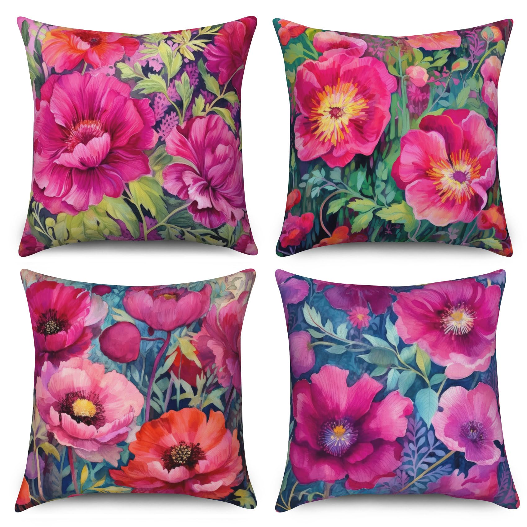 ASDCXZ Pillow Cover Retro Flowers 50x50 cm 4er Set, Oiled Rose Red Flower Sofa Cushion Covers Cushion Covers Washable Polyester Flax Textile Outdoor Upholstery Pillow Cover Cushion Cover