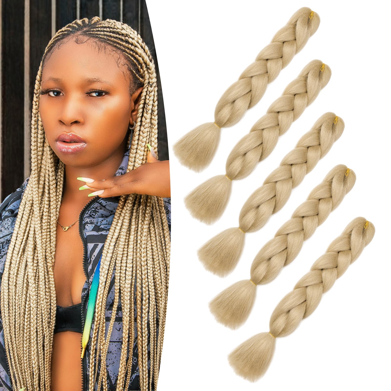 Dcbaboo Hair Extensions for Braiding Jumbo Braiding Hair Extension 5packs 24inch Synthetic Hair Kanekalon Ombre Braids Extensions Hair Afro Crochet Twist Box Braids 500g, Natural Blonde