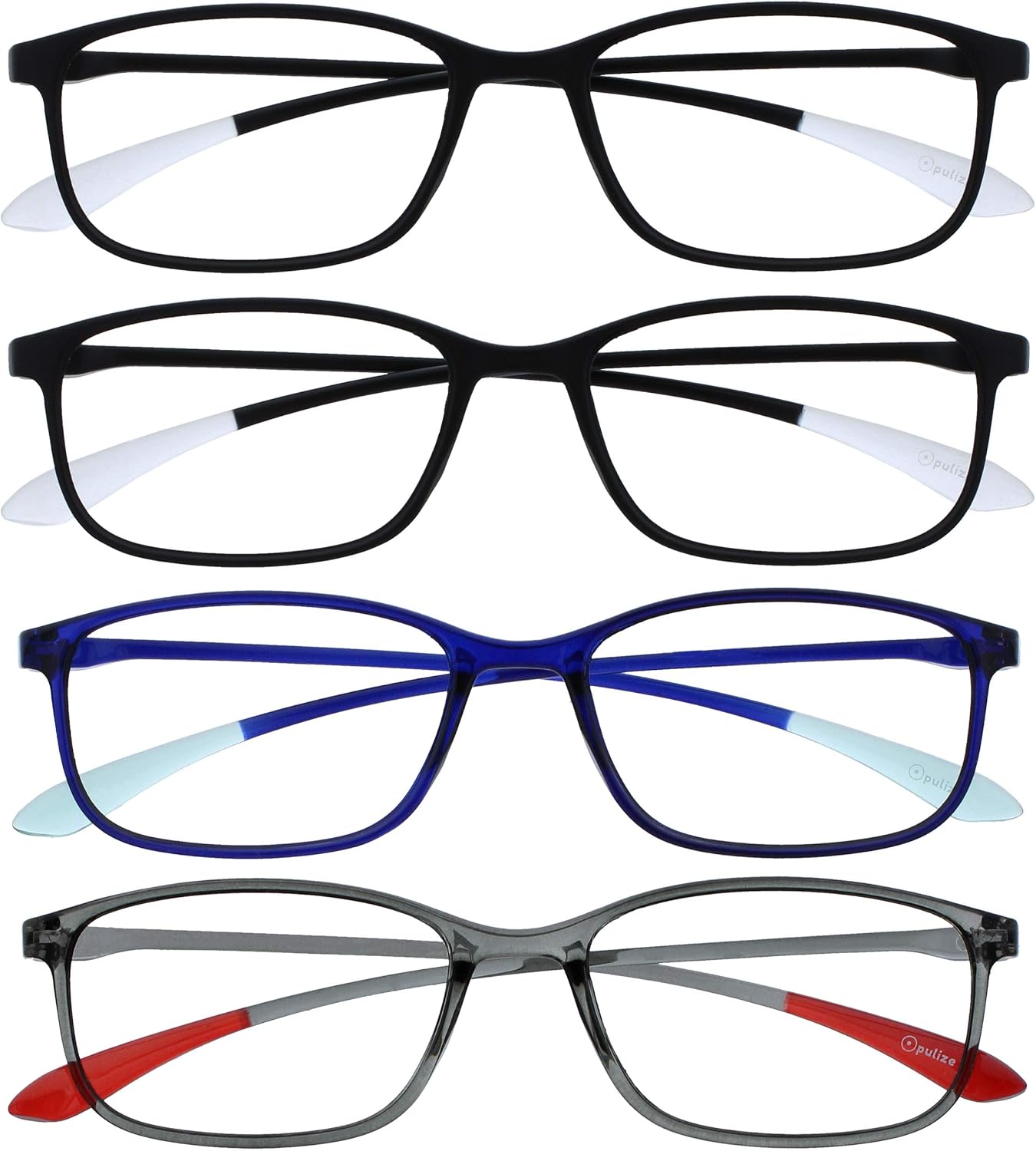 OPULIZE Ice Reading Glasses 4 Pack Ultra Lightweight Scratch Resistant Black Blue Grey Frame Mens Womenss RRRR61-1137 +2.00
