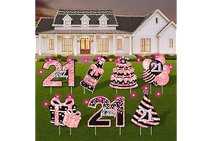 COMBOJOY 21st Birthday Decorations for Her - 7 Pcs Birthday Yard Signs with Stakes, 2 LED Lights & Double-Sided Tape | Happy 21 Years Old Decor | Outdoor/Indoor Party Favors, Photo Props & Lawn Decorations