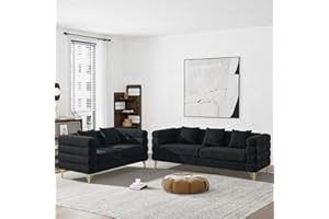 Wrofly Living Room Sofa and Loveseat Set, Modern Overstuffed Boucle Sherpa Deep Seat Cloud Couch with 5 Pillows, Oversized Chesterfield Furniture Sets for Living Room Bedroom, Black Teddy