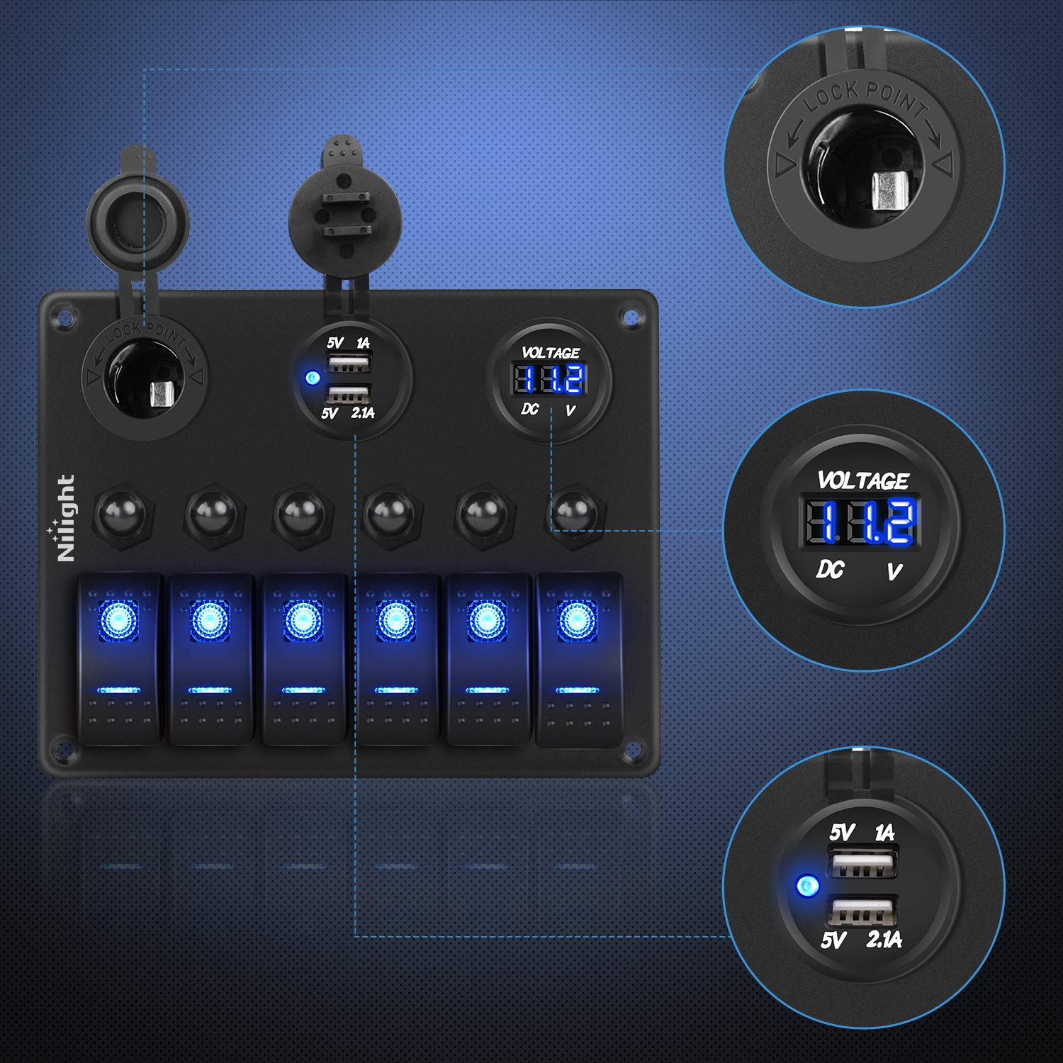 Nilight 6 Gang 5 Pin ON/Off Toggle Rocker Switch Panel with 12V-24V LED Digital Voltmeter 3.1A Dual USB Charger Cigarette Lighter Socket Overload Protection For RV Truck Boat SUV, 2 Years Warranty: Automotive